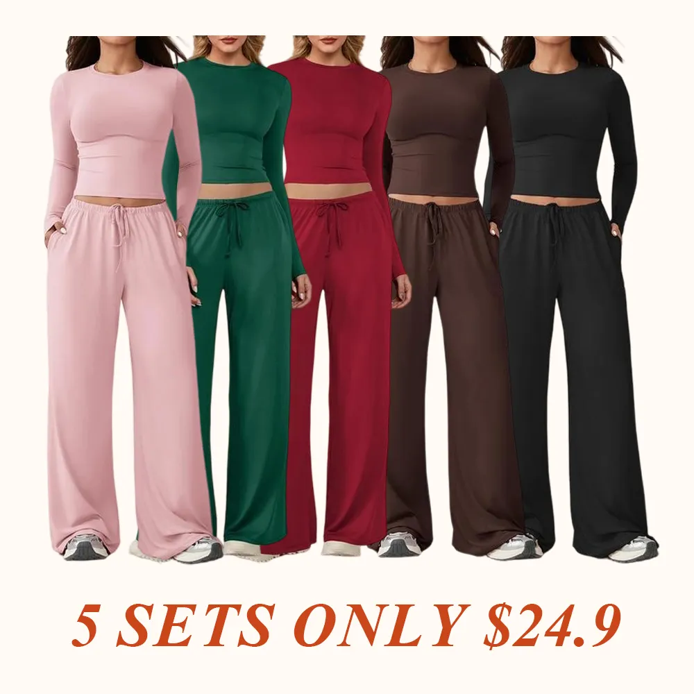 Women's 2-Piece Activewear Set Long-Sleeve Crop Top & Wide-Leg Pants Stretchy Fabric