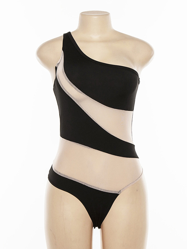 Sleeveless Mesh One-Shoulder Solid Color Split-Joint One-Piece Swimwear