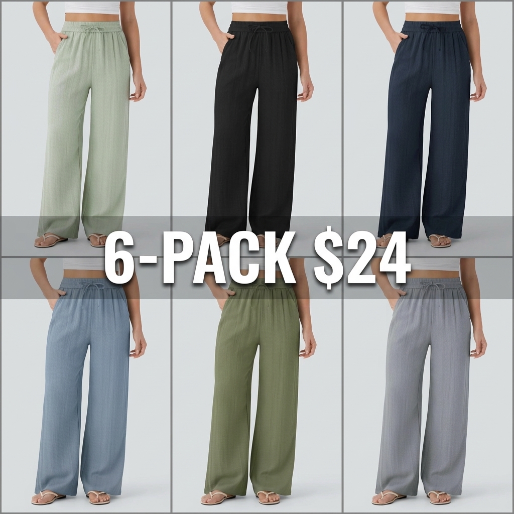 High Waisted Drawstring Pocket Wide Leg Casual Linen-Feel Pants