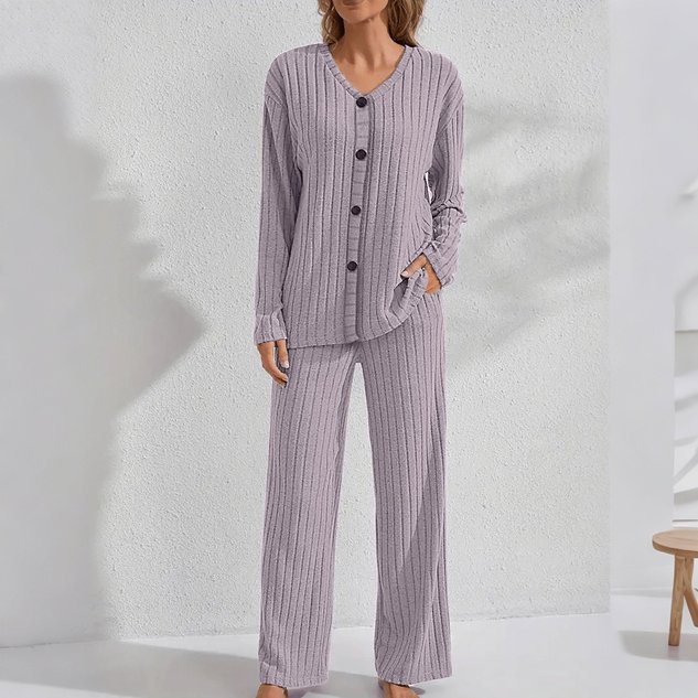 Autumn And Winter Warm Light Purple Knitted V-Neck Button Cardigan Ribbed Long-Sleeved Trousers Home Good Sleep Two-Piece Set