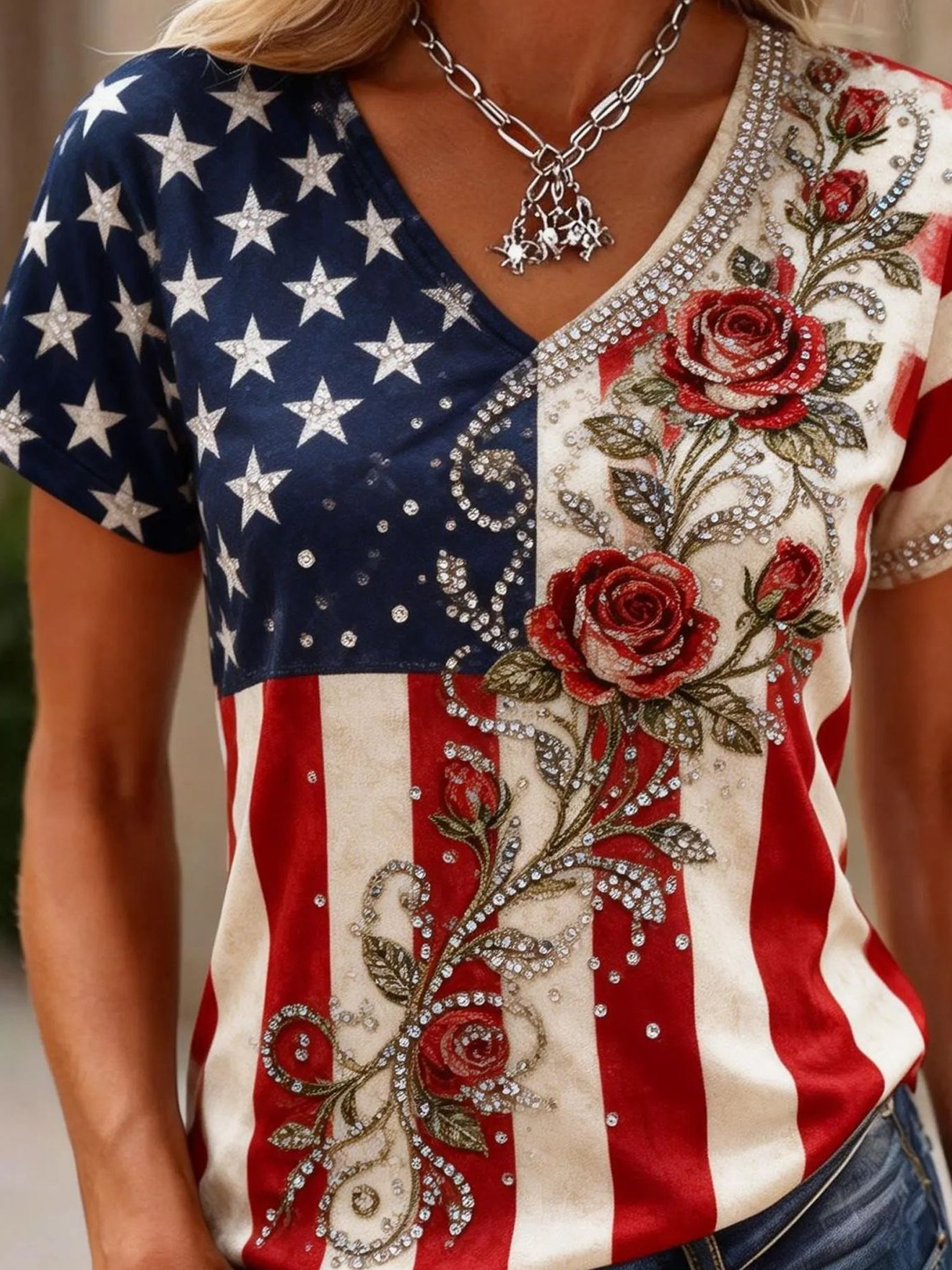 Vintage 3D Printing America Flag Floral Short Sleeve V Neck Casual T-Shirt