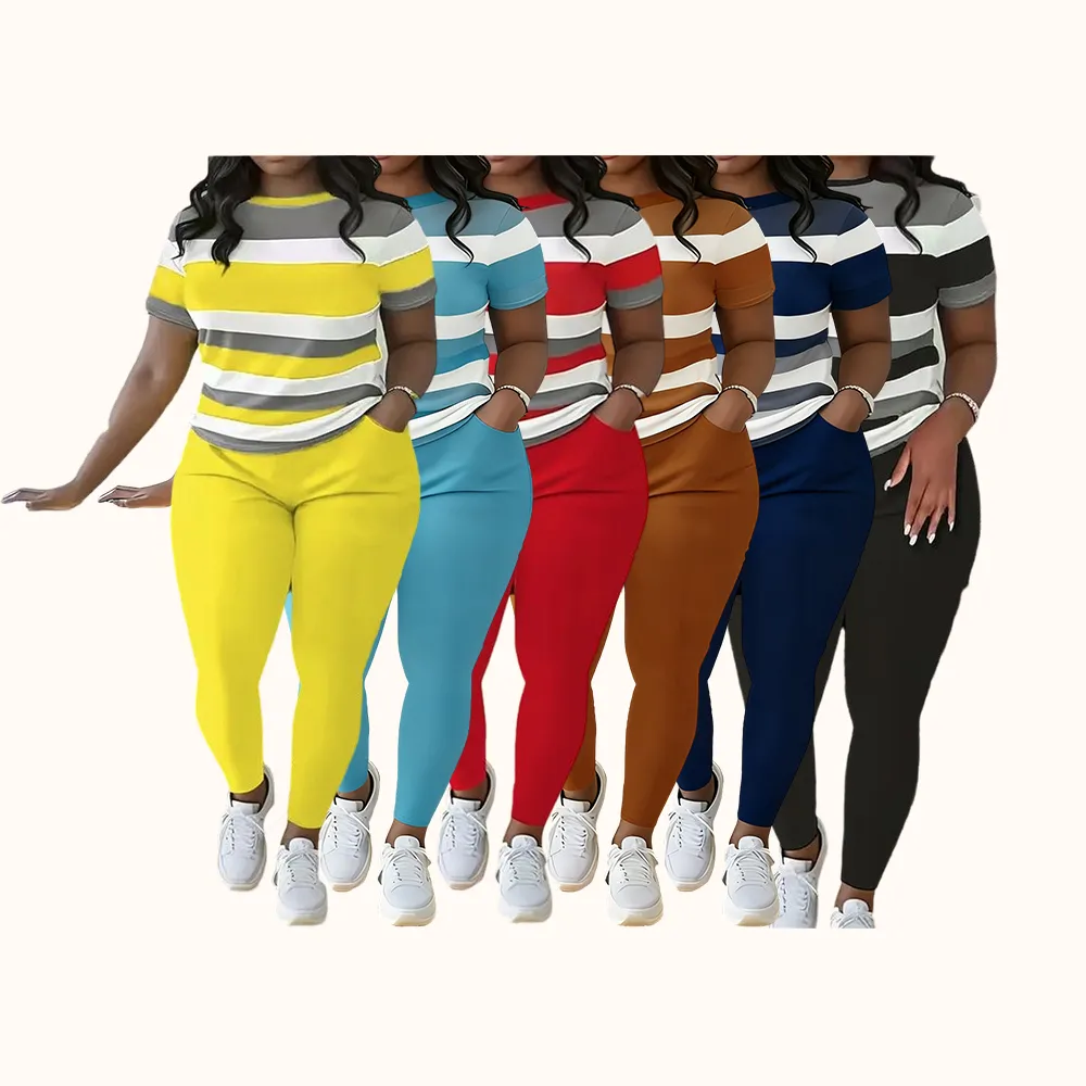 Women's Plus Size Striped Print Short Sleeve Top & Pants Two-piece Set