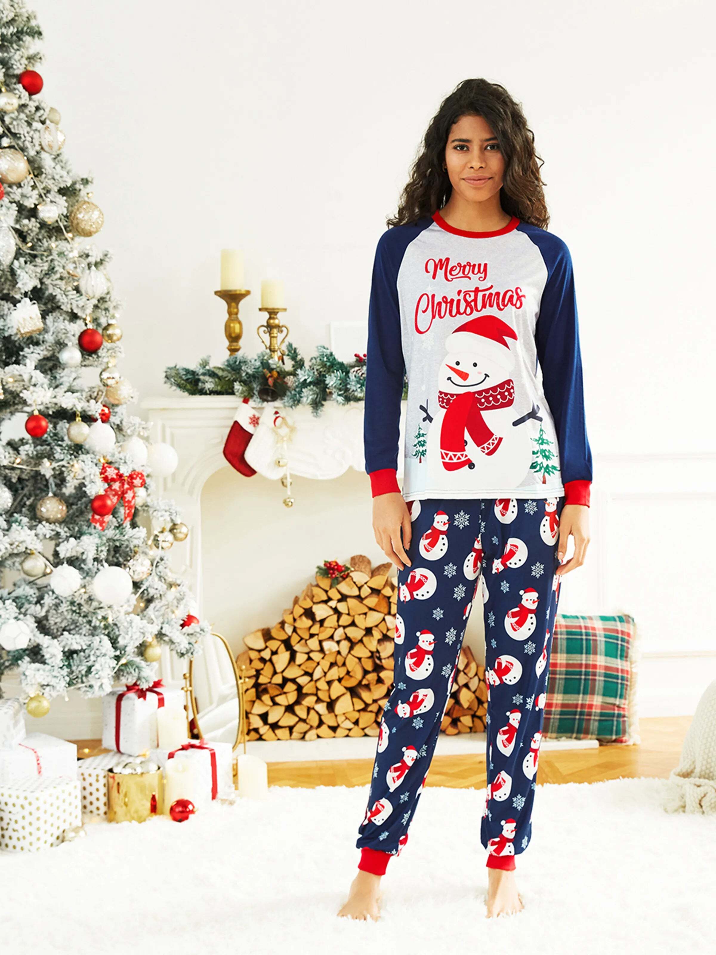 Christmas Snowman & Letter Print Family Matching Raglan-sleeve Pajamas Sets with Christmas Socks ColorBlock