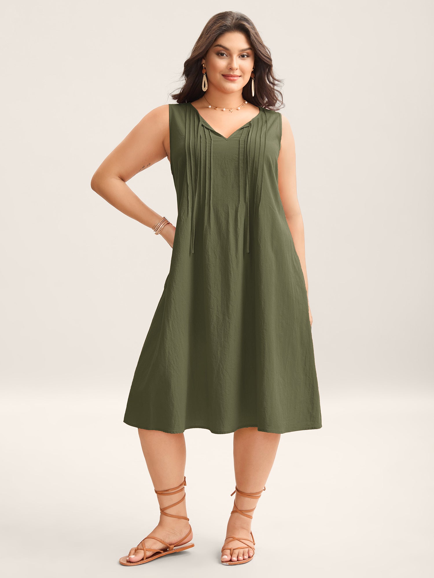 Cotton Toothpick Pleat Plain Midi Dress