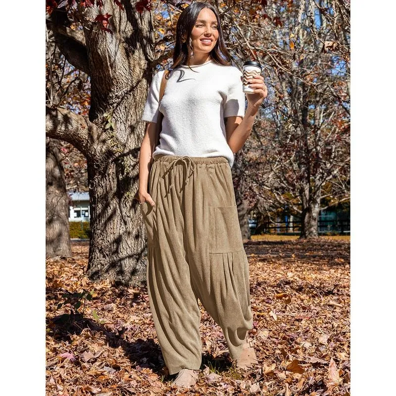Womens Corduroy Pants Wide Leg Palazzo Harem Pants