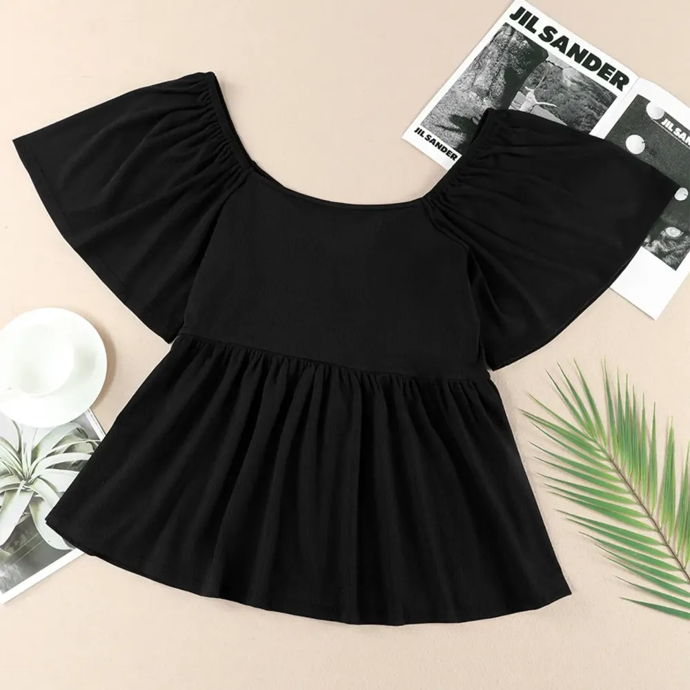 Women Plus Size Sweetheart Neck Short Sleeve Shirred Peplum Blouse Tops Shirts