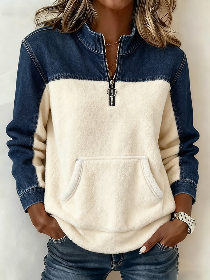 Women's Casual Zipper Color Block Sweatshirt
