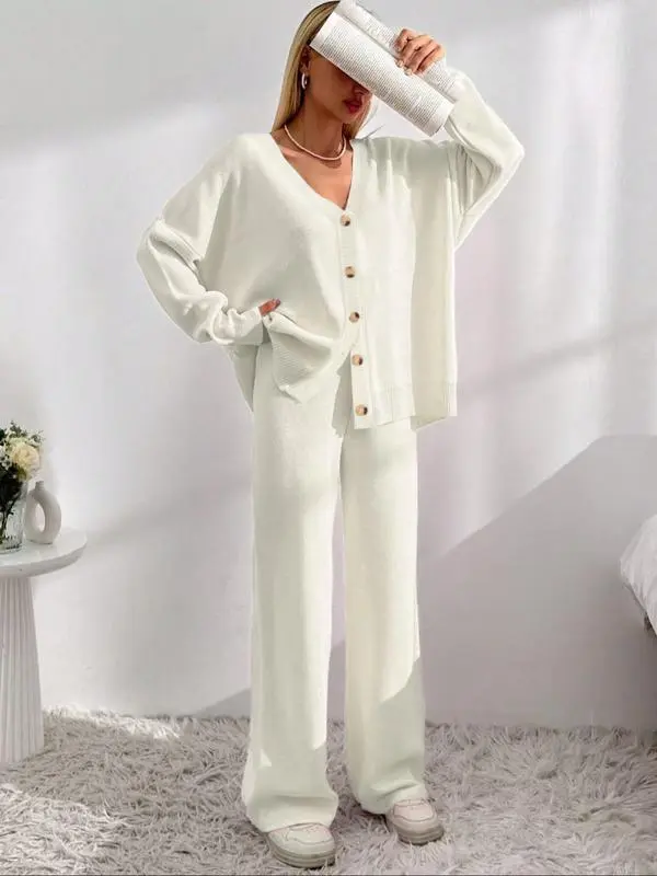 Women's Longsleeves  Cardigan & Wide Leg Pants Two-piece Set