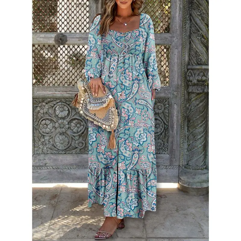 Boho Floral Smocked Square Neck Long Sleeve Maxi Dress