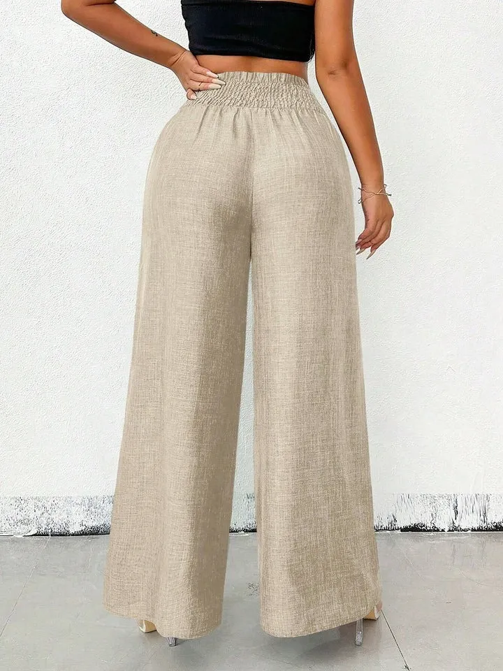 Women's Solid Color High-Waisted Pants, Stretchable Loose-Fitting Wide-Leg Trousers