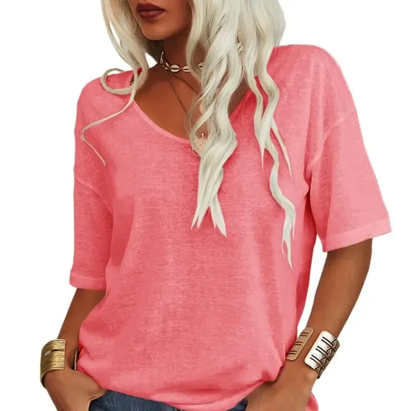 Women Soft V Neck Tshirt Half Sleeve Lightweight Solid Color Loose Fit Minimalist Top