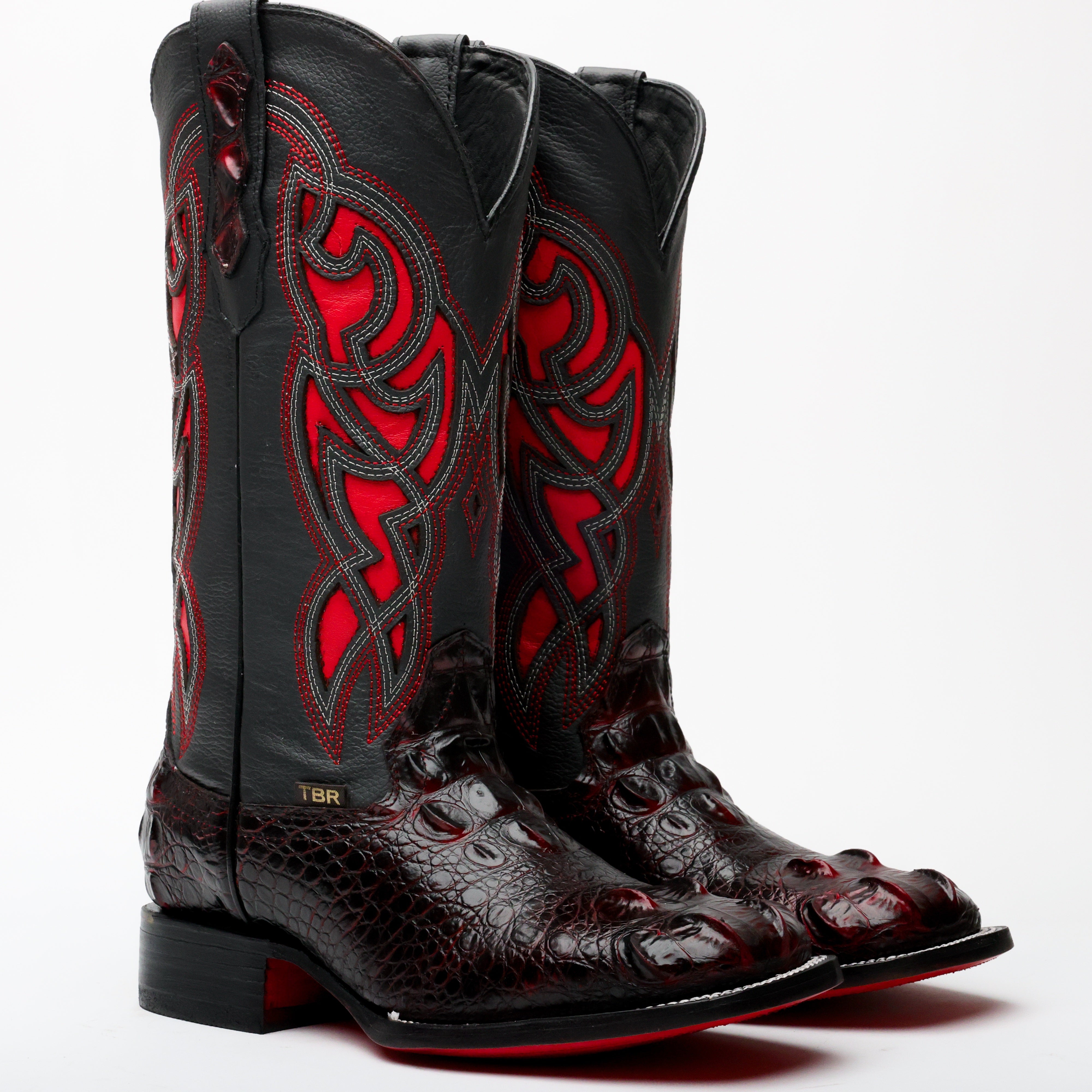 Black Cherry Giant Caiman Neck Leather Boots - Square Toe