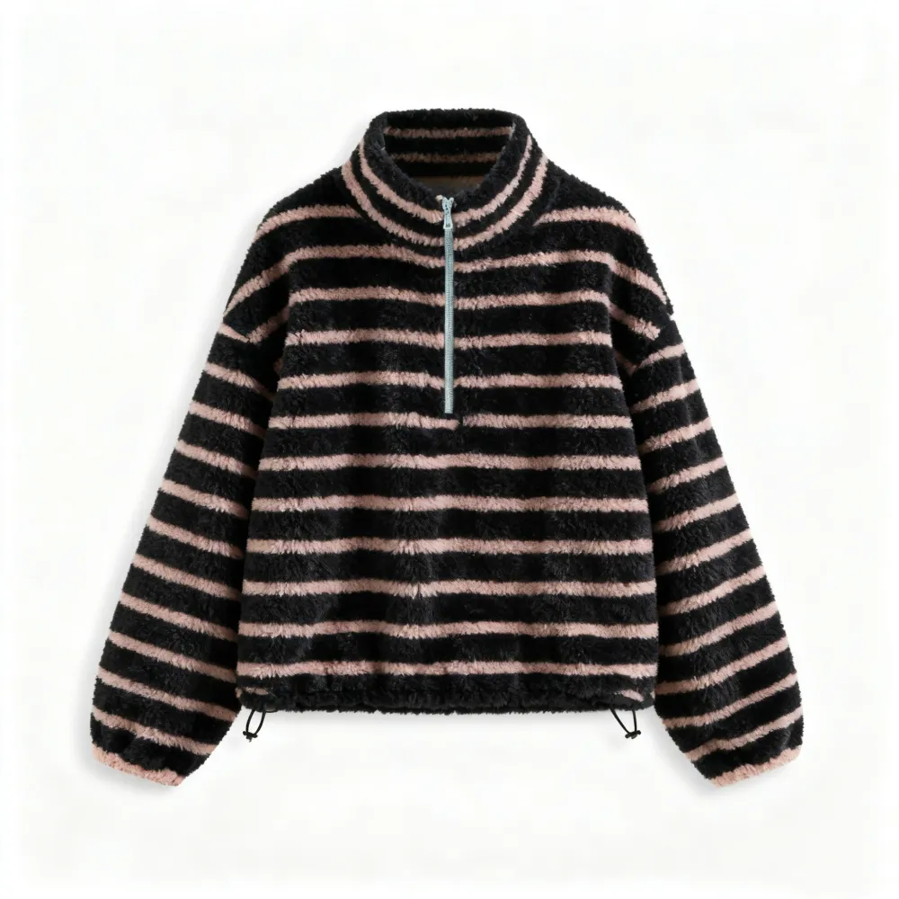 Fleece Stripe Stand Collar Drawstring Half Zip Oversized Sweatshirt