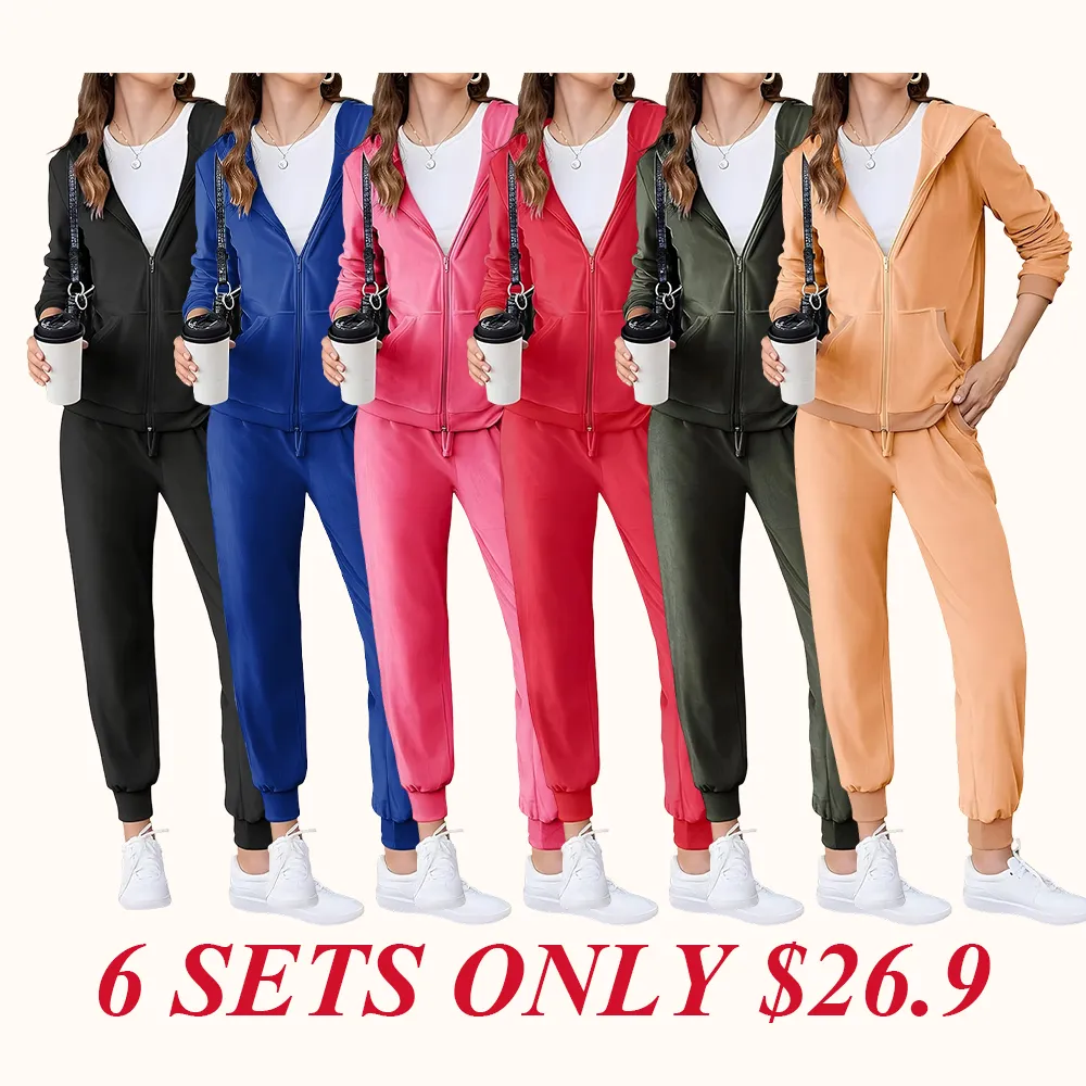 Women's Casual Velour Tracksuit Set Full Zipper Hoodie