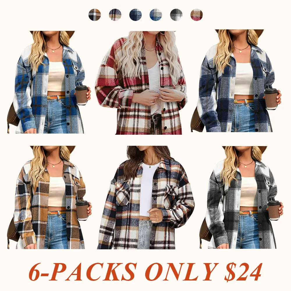 Womens Plus Size Shacket Jacket Flannel Plaid Long Sleeve