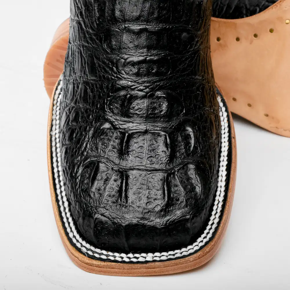 Black Caiman Neck Leather Boots - Square Toe