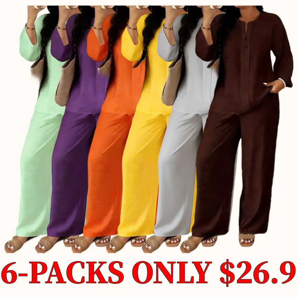 Plus-size women's casual, breathable long-sleeved shirt and loose-fitting trousers two-piece set