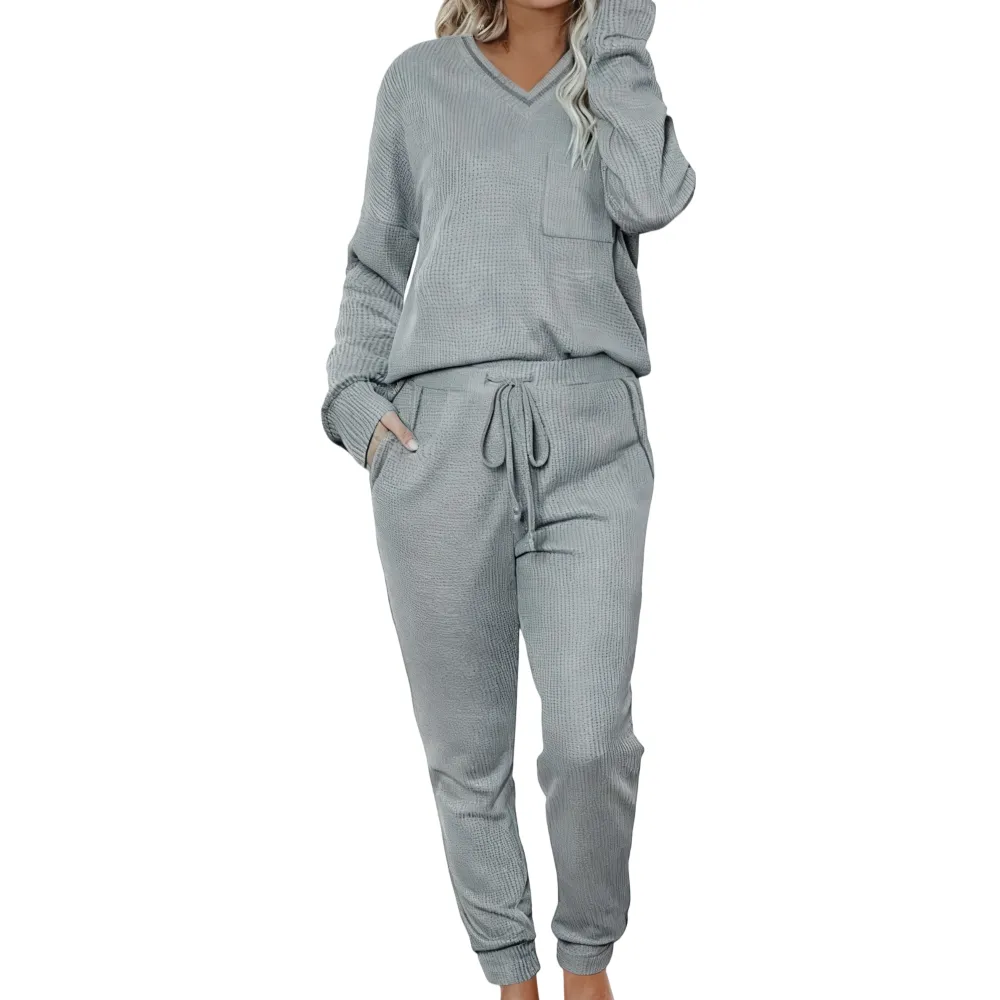 Women's Waffle Knit Two Piece Pullover & Joggers Set