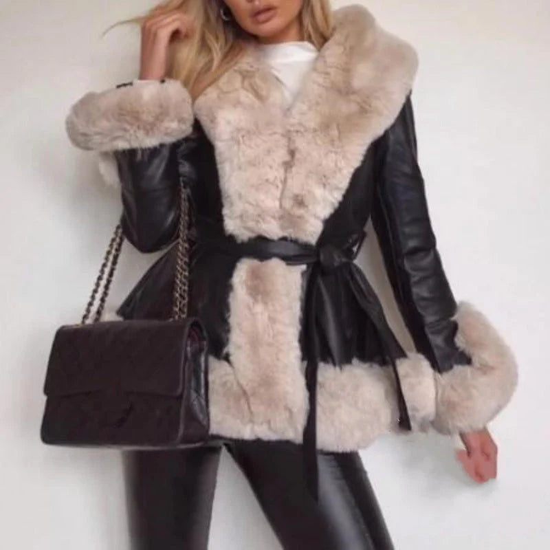 Women's coat made of faux leather with faux fur collar