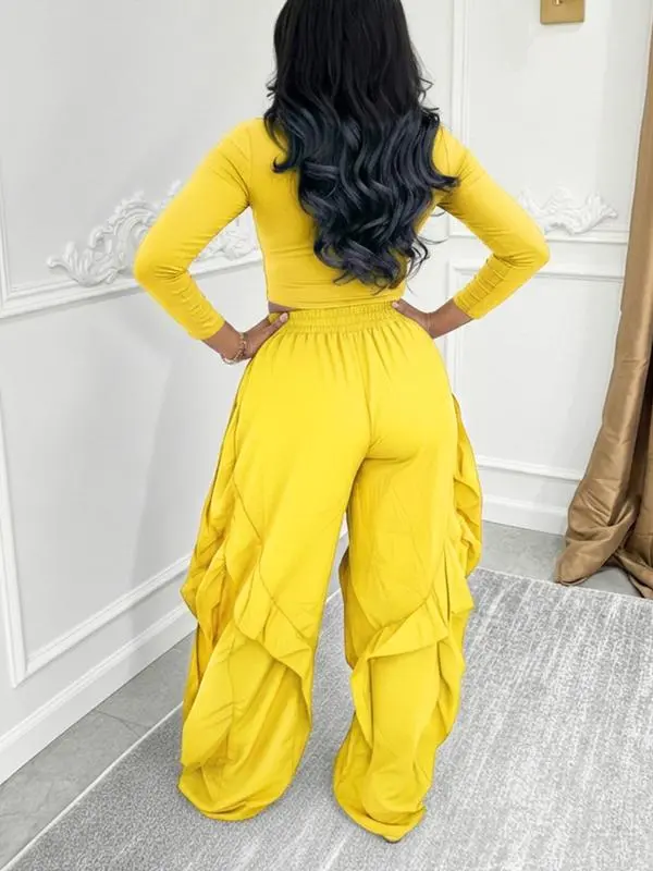 Women's Slim-Fitting Top & Wide-Leg Patchwork Ruffle Pants Set