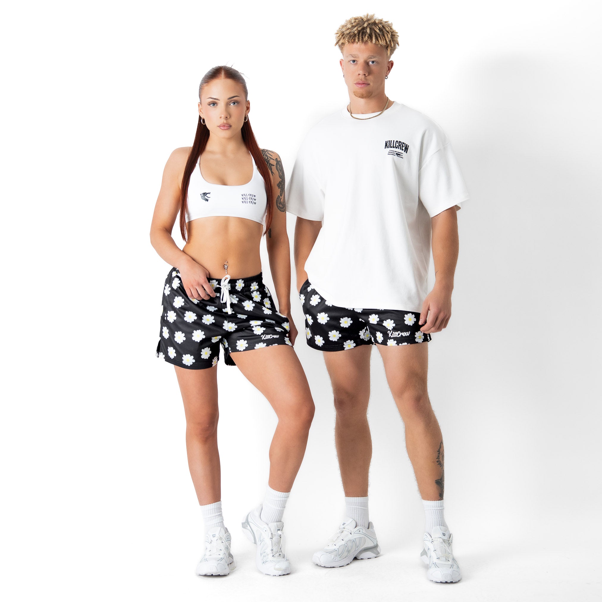 MUAY THAI SHORTS (MID THIGH CUT) DAISY - BLACK