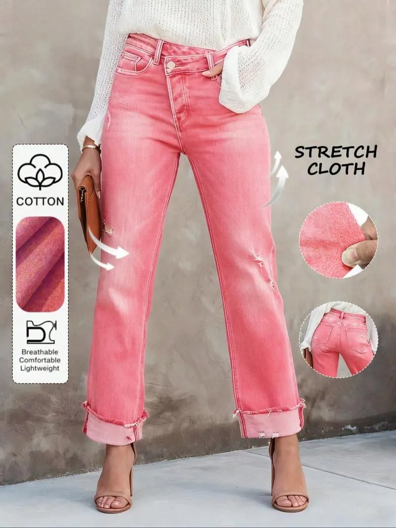 Women's Solid Color Jeans, Casual Comfy Denim Pants for Daily Wear, Ladies Bottoms for All Seasons