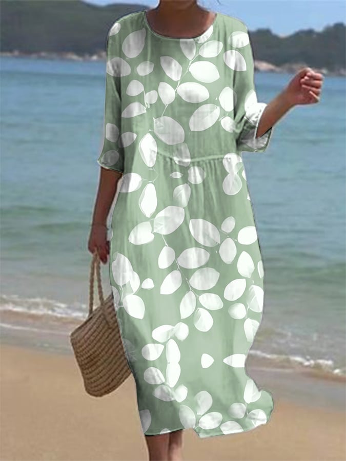 Women's Casual Round Neck Mid-Sleeve Floral Print Cotton Linen Dress- Fast Shipping