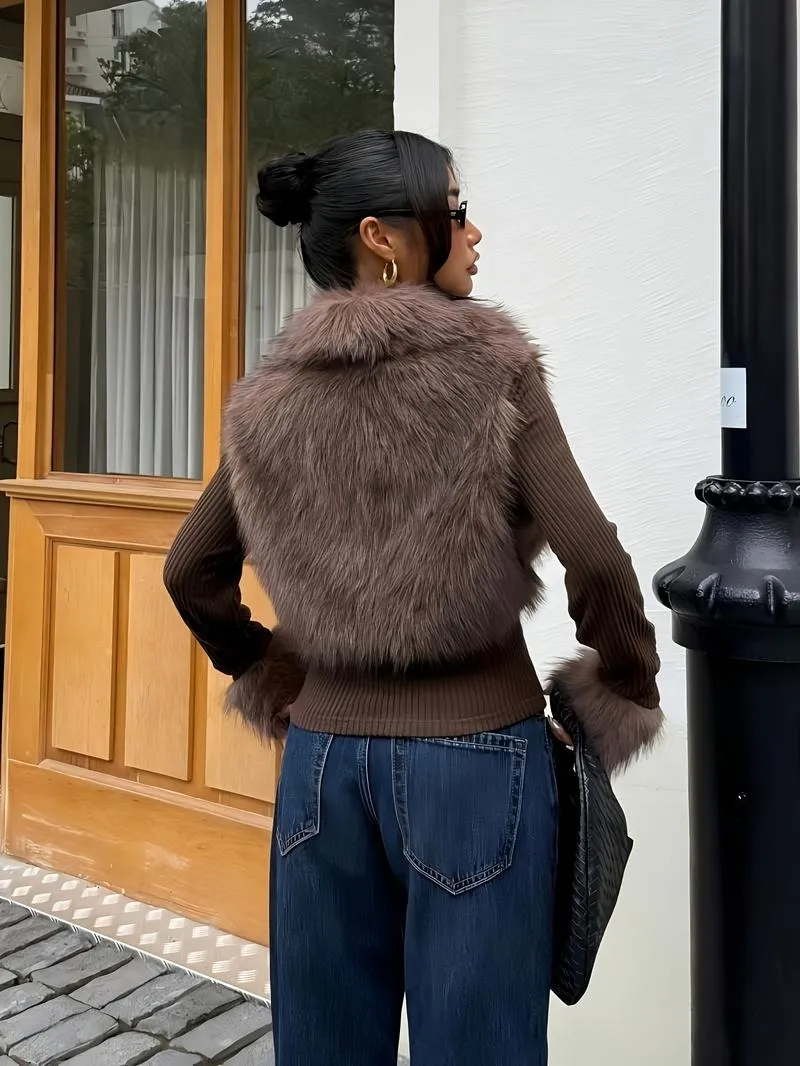 Women's Fashion Street Style Patchwork Knit Faux Fur Jacket