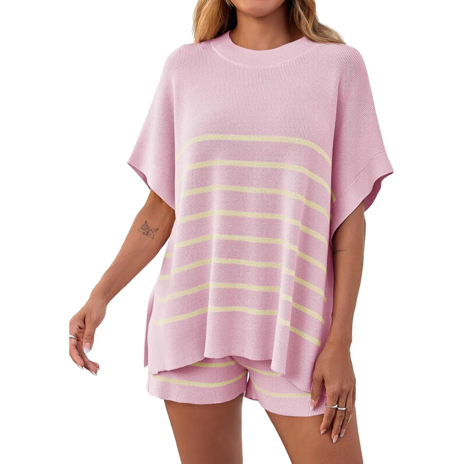 Women's Striped 2 Piece Outfits Oversized Batwing Short Sleeve Tops High Waisted Shorts Summer Knit Lounge Short Sets