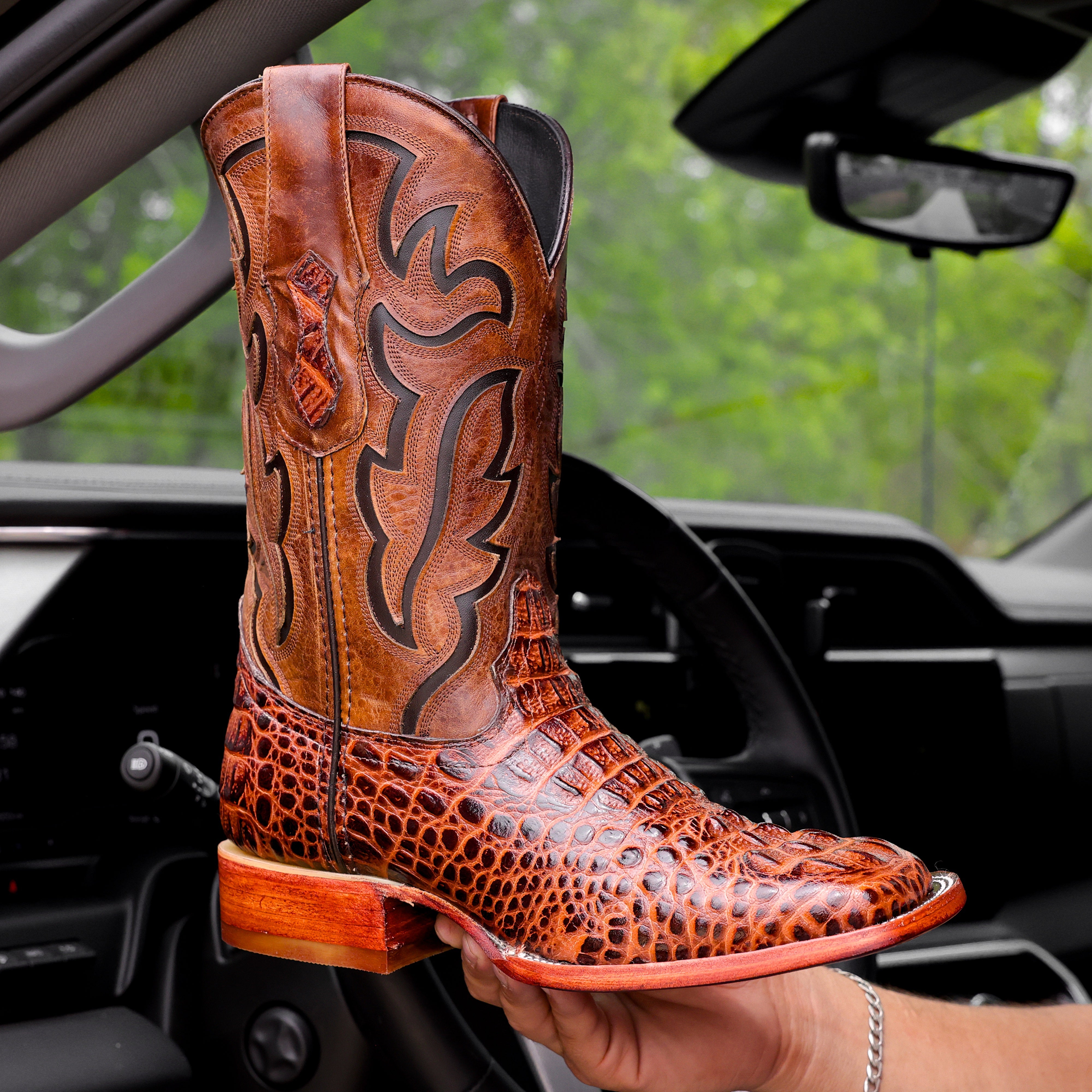 Cognac Caiman Neck Leather Boots - Square Toe