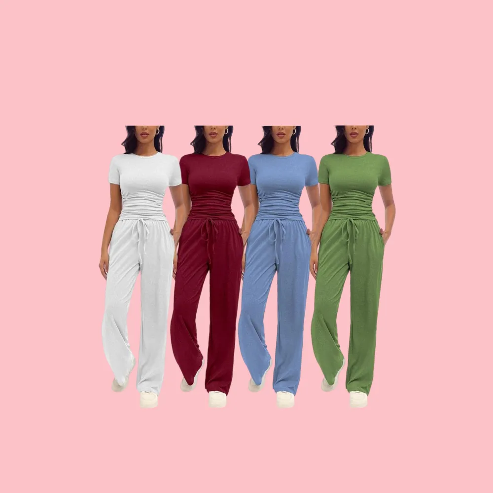 Women's Solid Round Neck Tee & Pants Loungewear