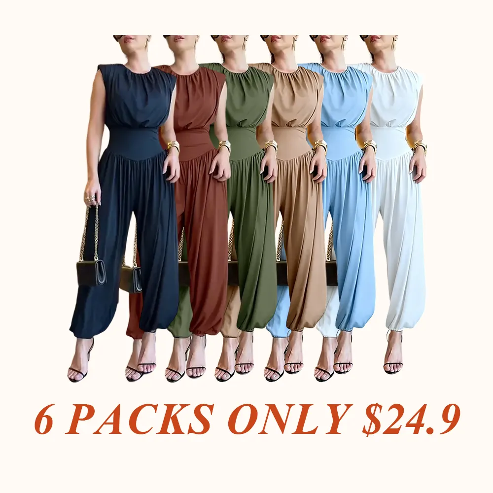 Women's Padded Shoulders Sleeveless Cinched Basque Waist Side High Slit Overalls Casual