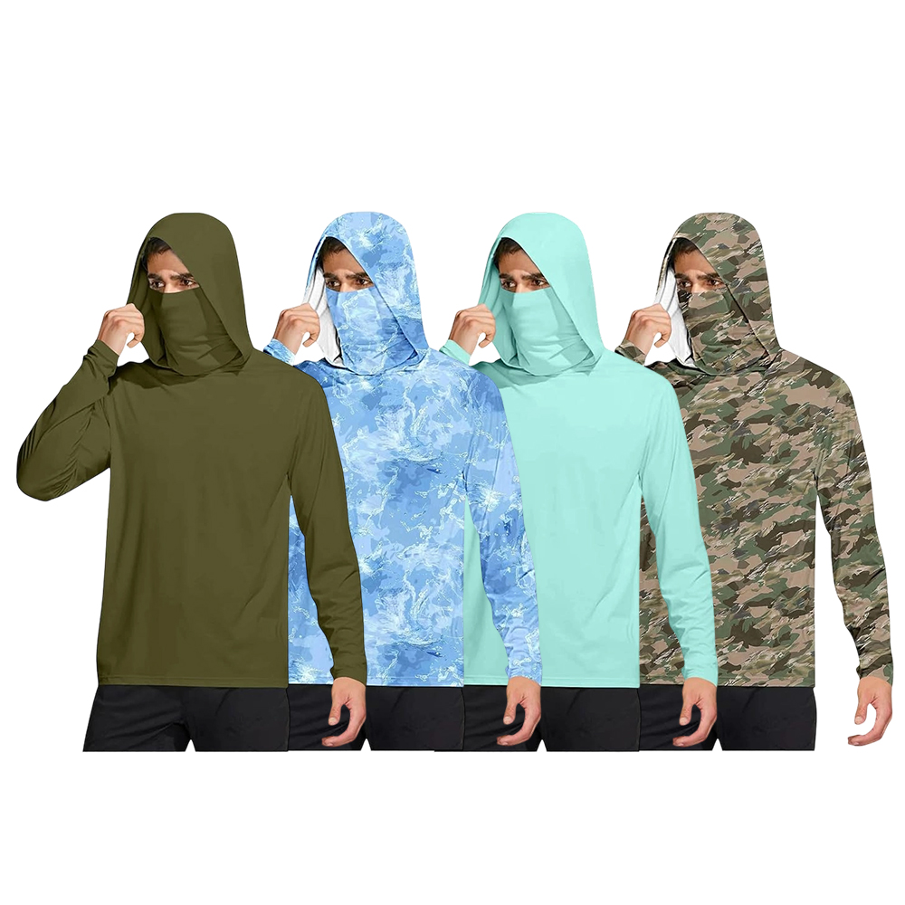 Long Sleeve Sun Shirt Men UPF 50+ Rash Guard Cooling Fishing Hoodies with Mask Casual Summer UV SPF Hiking Blouses