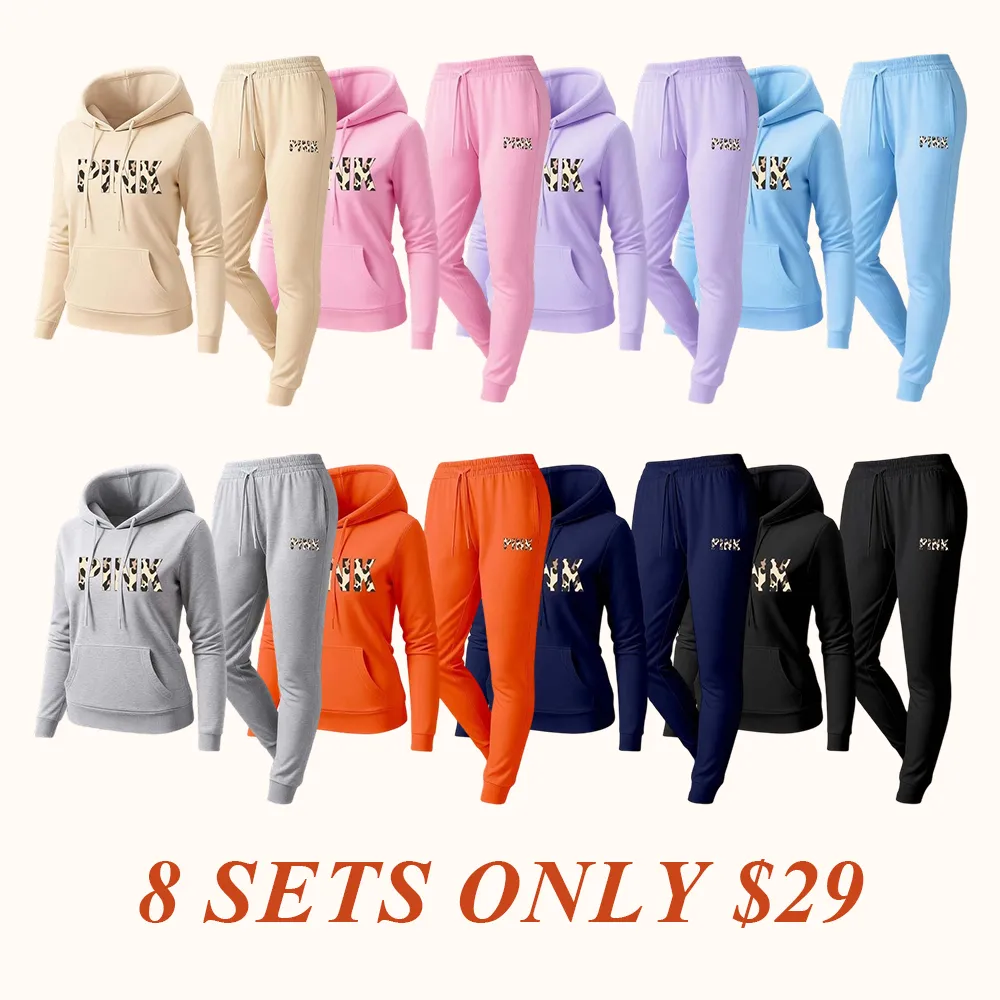 Women's Leopard Pink Print Hoodie & Drawstring Sweatpants Set