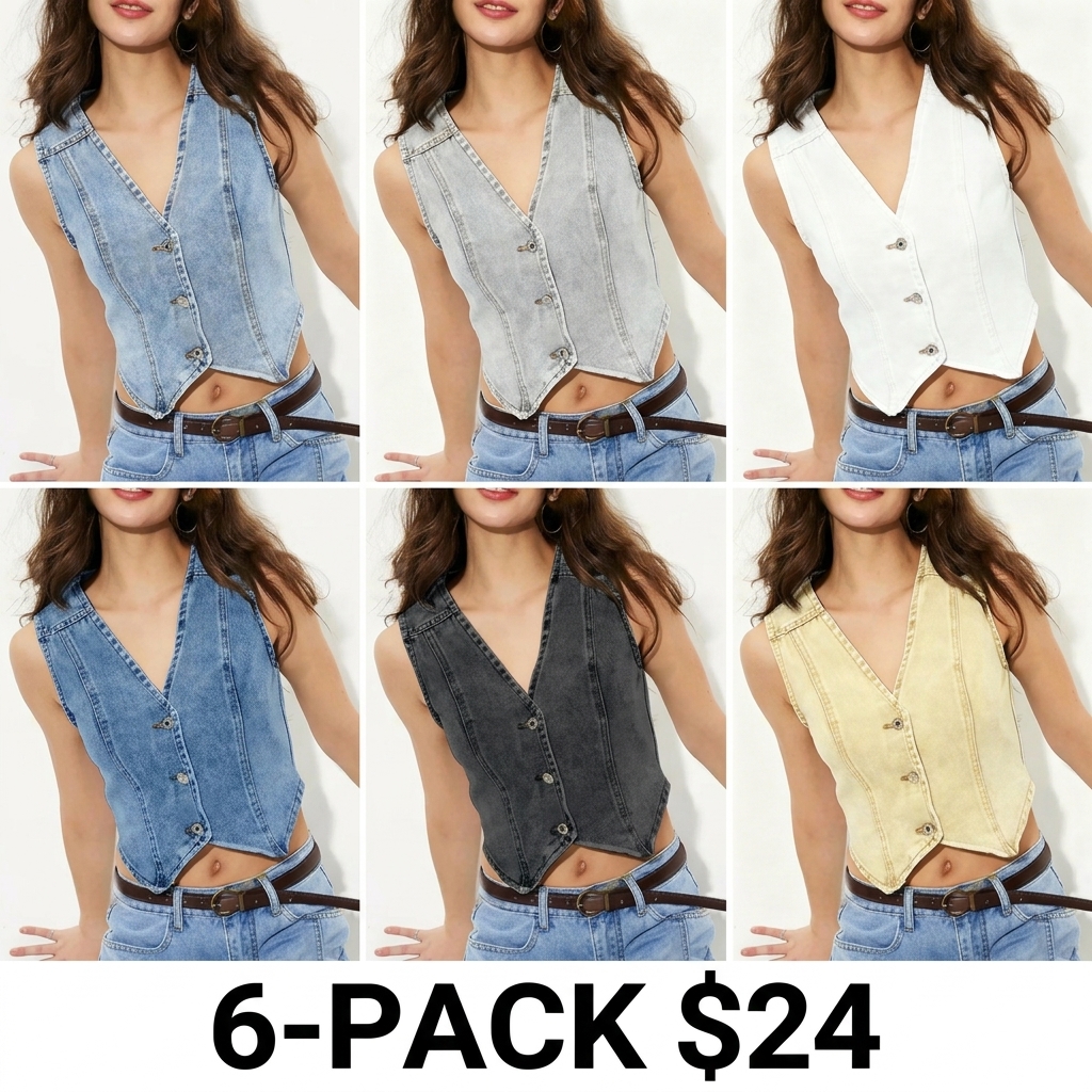 Women's Light Wash Denim Vest – Button Fly V Neck Sleeveless Tank Top