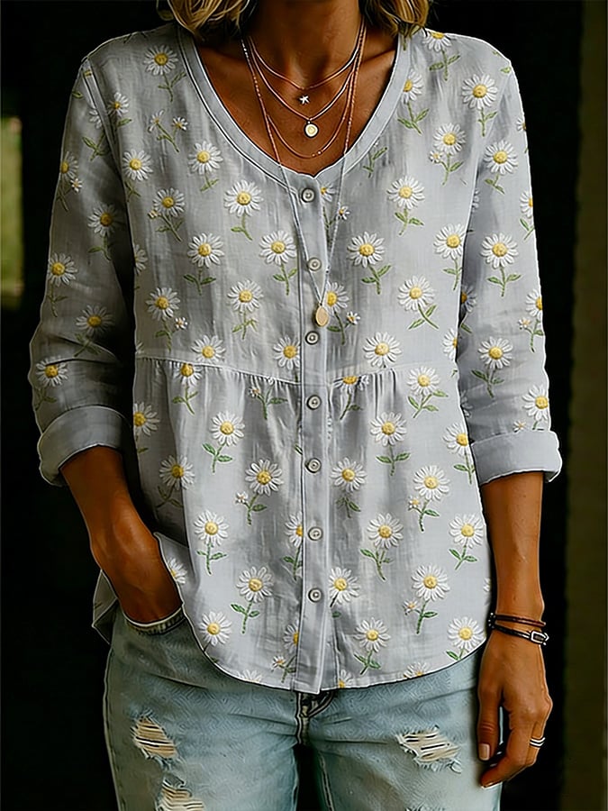 Women's Casual Floral Print Cotton Linen Top- Fast Shipping