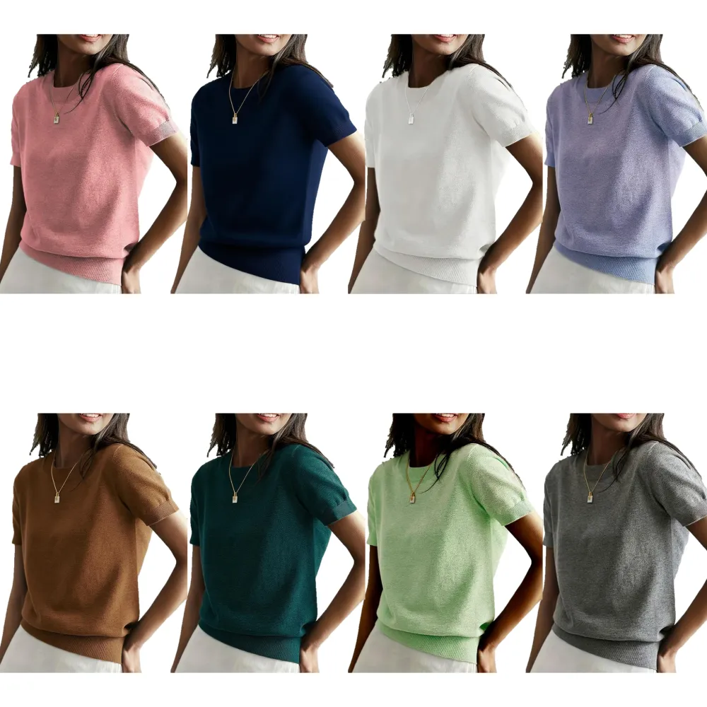 Women's solid-color crew neck short-sleeved sweater, suitable for everyday wear.