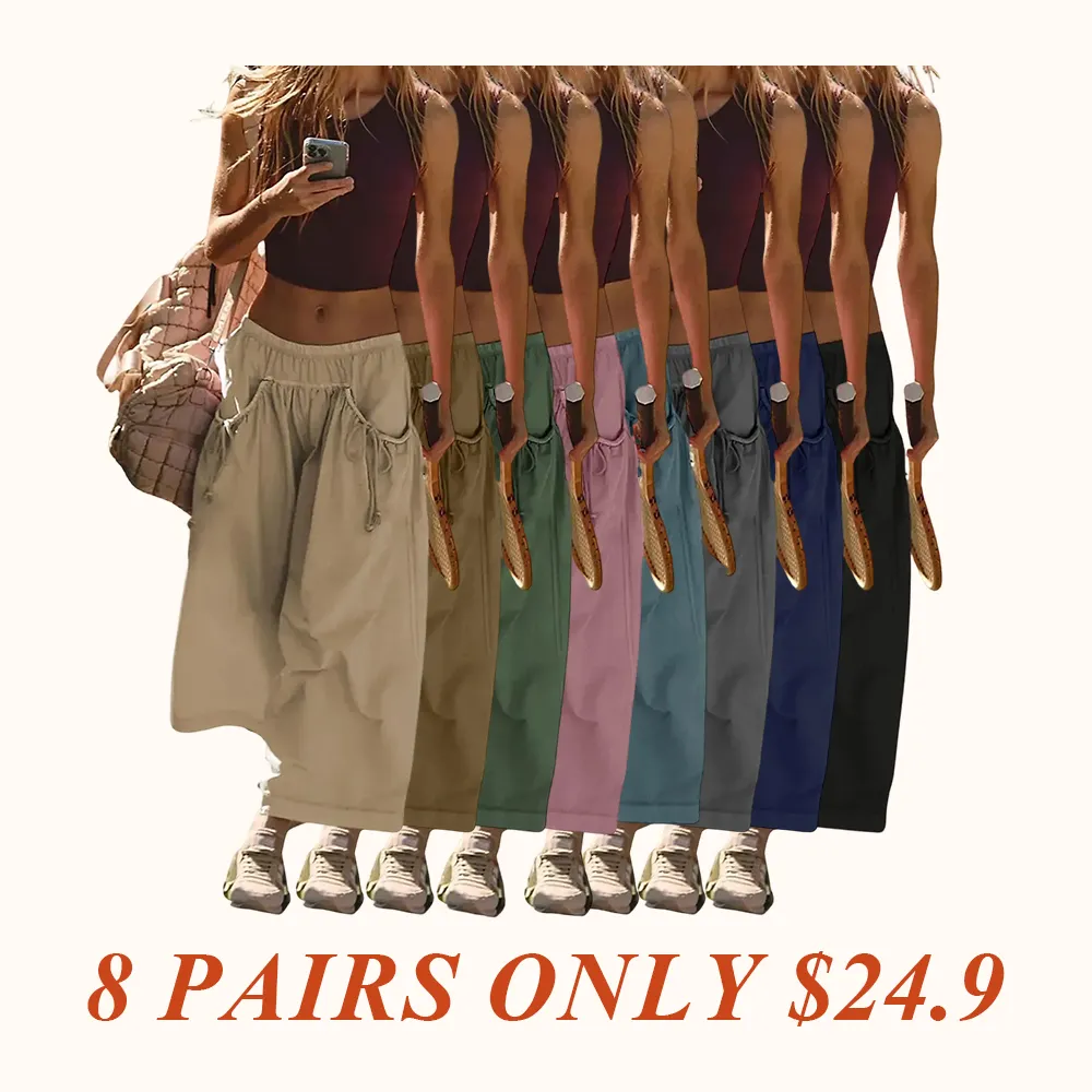 Women's Loose Wide Leg Track Pants Boho Sport Style Drawstring Pockets Elastic Waist Capri Hiking