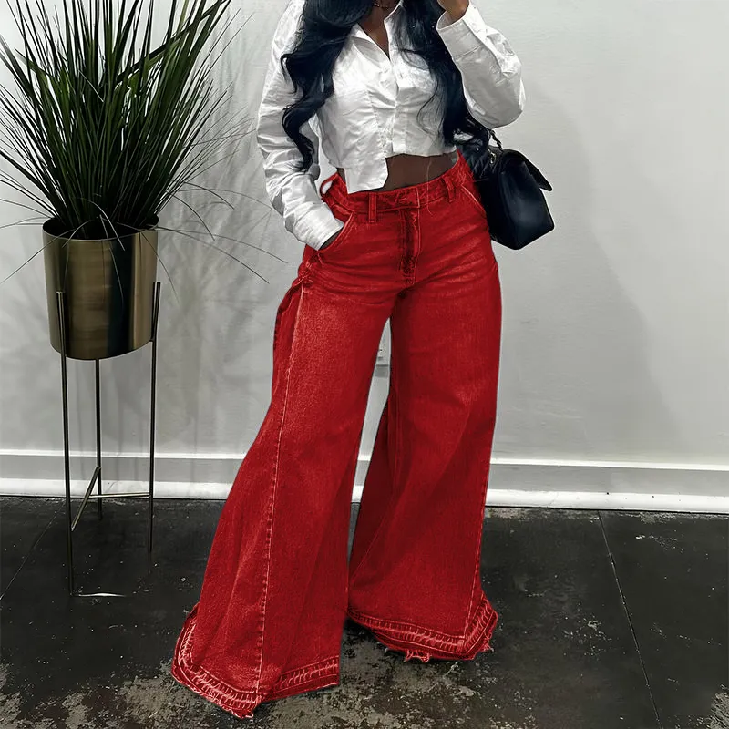 Women Flared Wide Side Loose Jeans High Waist