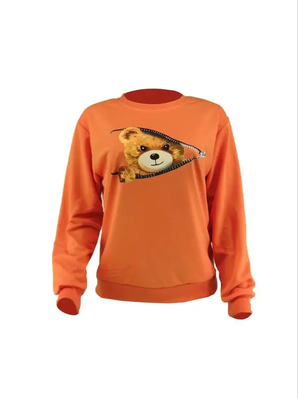 Women's Cartoon Bear Print Drop Shoulder Longsleeves