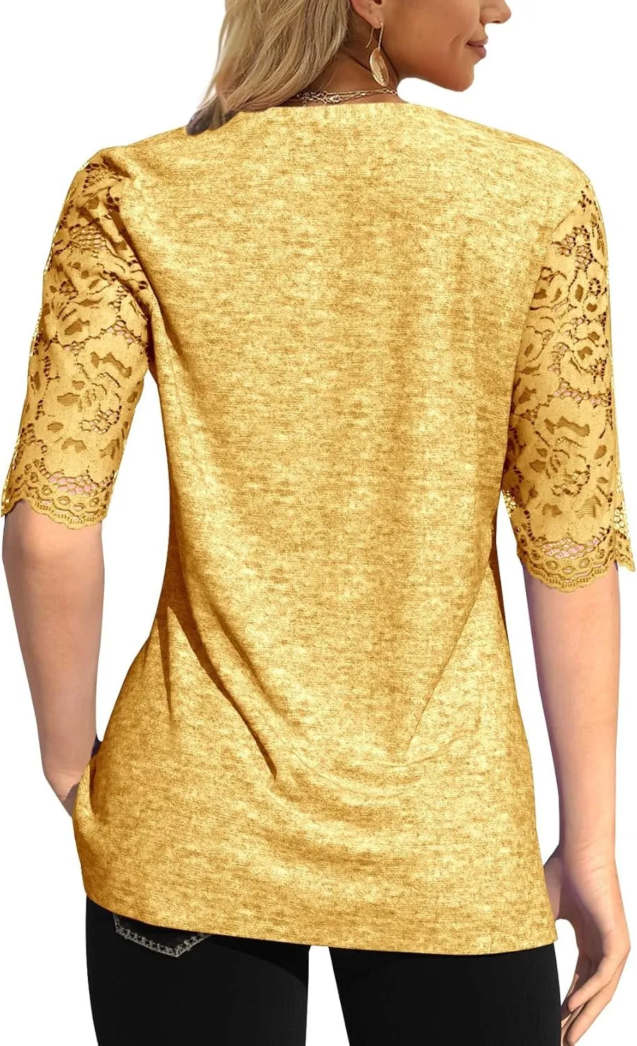 Women's Lace Sleeve Summer T-Shirt V-Neck Botton Up Basic Solid Color Casual Tunic Tops