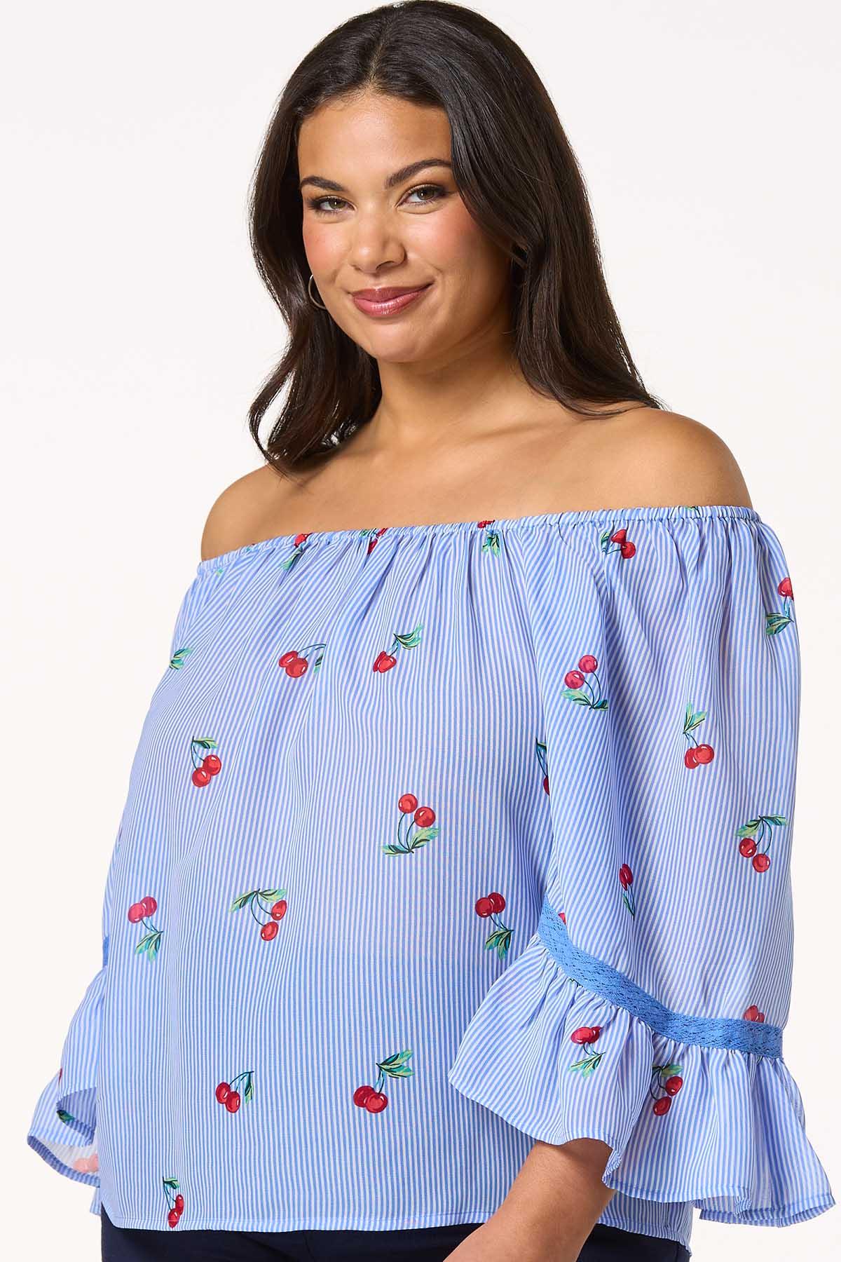 Plus Size Stripe Cherry Off Shoulder Top