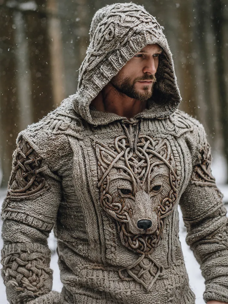 Vintage Viking Wolf Head Men's Chunky Knit Hooded Sweater