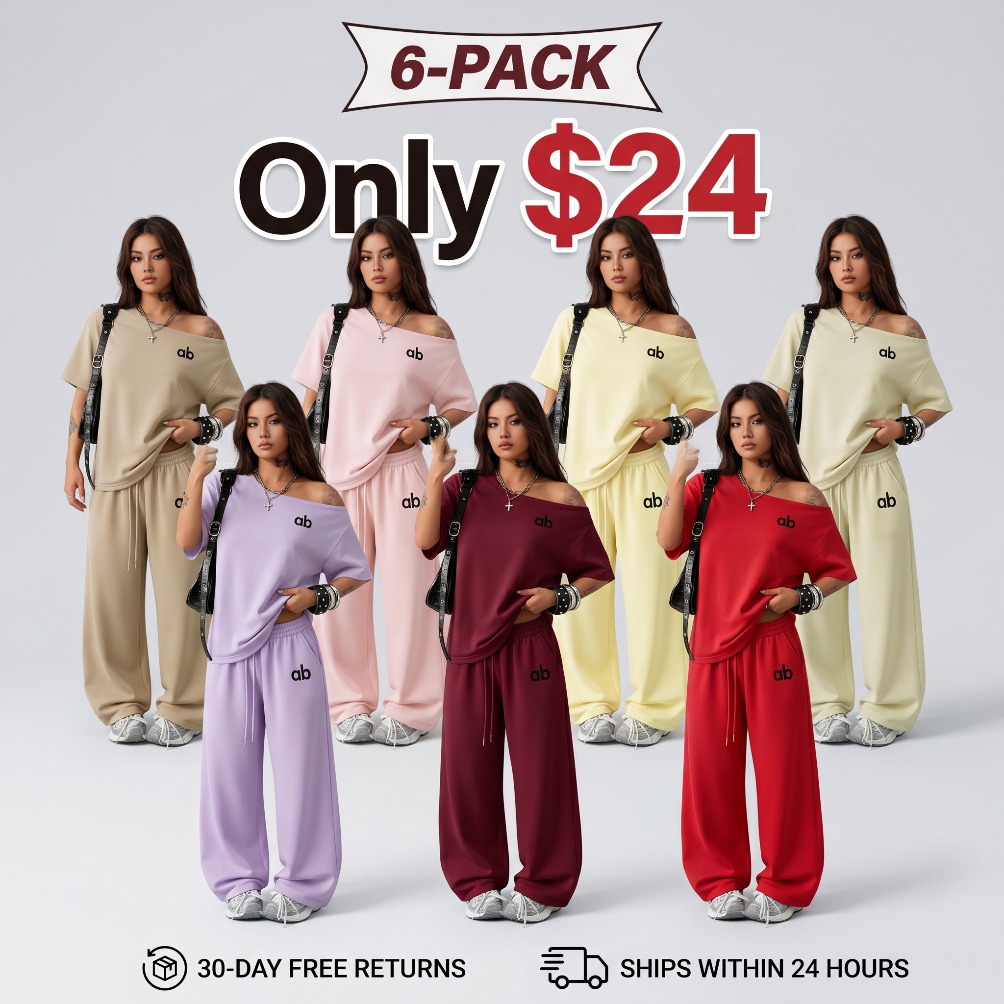 Women's Two-Piece Set: Letter-Print Off-Shoulder Loose T-Shirt & Wide-Leg Pants