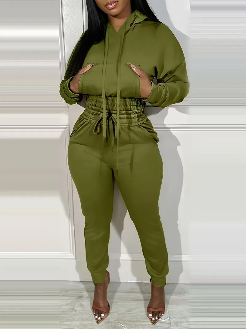 Womens 2 Piece Outfits Lounge Hoodie Shirred Waist Pocket Design Sweatshirt