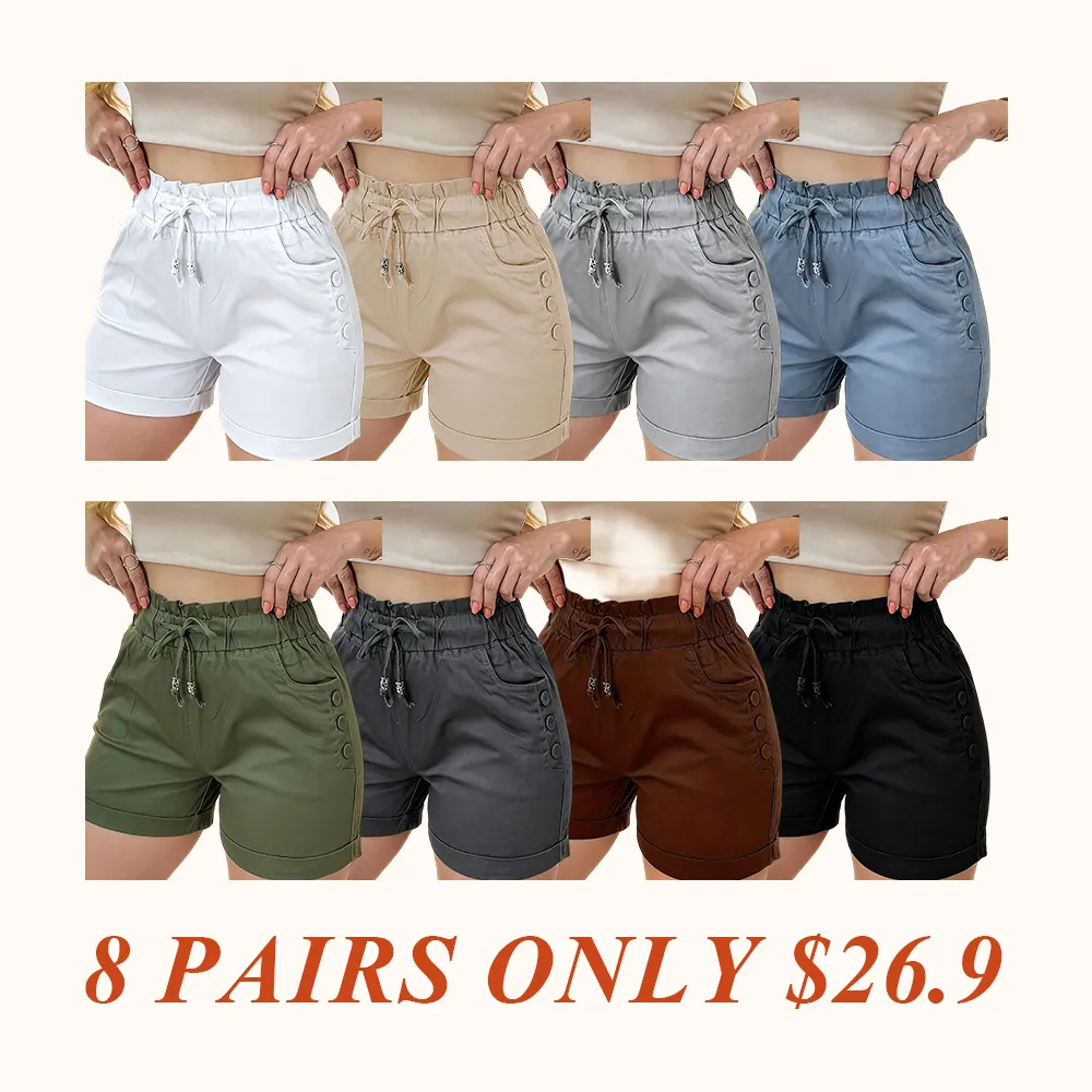 Women's Solid Button Pocket Cargo Fitted Shorts, Casual Elastic Waist Shorts for Summer