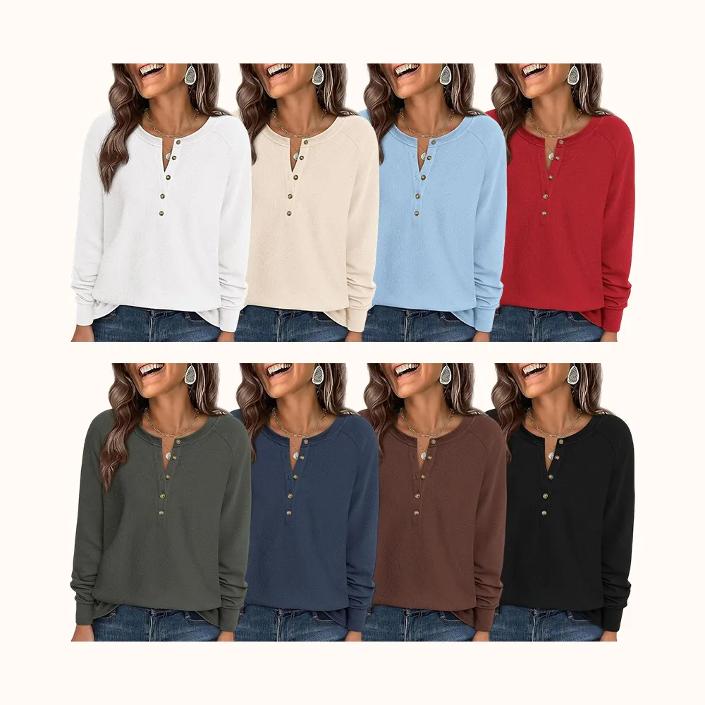 Women's Button Up Waffle Top Long Sleeve Knit Shirts Fall Casual Henley V Neck Tunic Tops