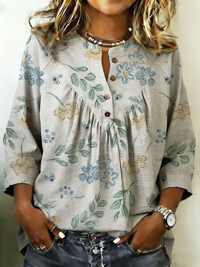Women's Cotton And Linen Floral Print Shirt- Fast Shipping