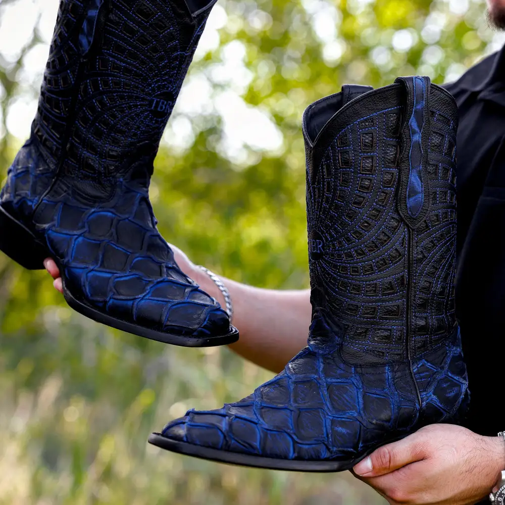 Matte Rustic Electric Blue Pirarucu Leather Boots - Square Toe