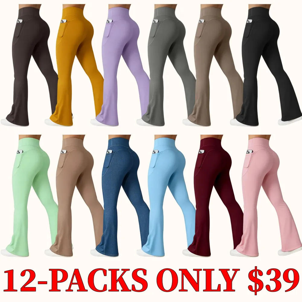 OYV Women Workout Flare High Waist Butt Lifting Casual Soft Leg Flared Bottoms with Pockets